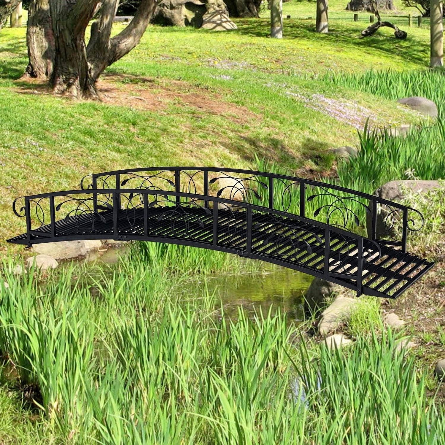 Outdoor 8-Ft Heavy Duty Black Metal Arch Garden Bridge with Side Rails - Free Shipping