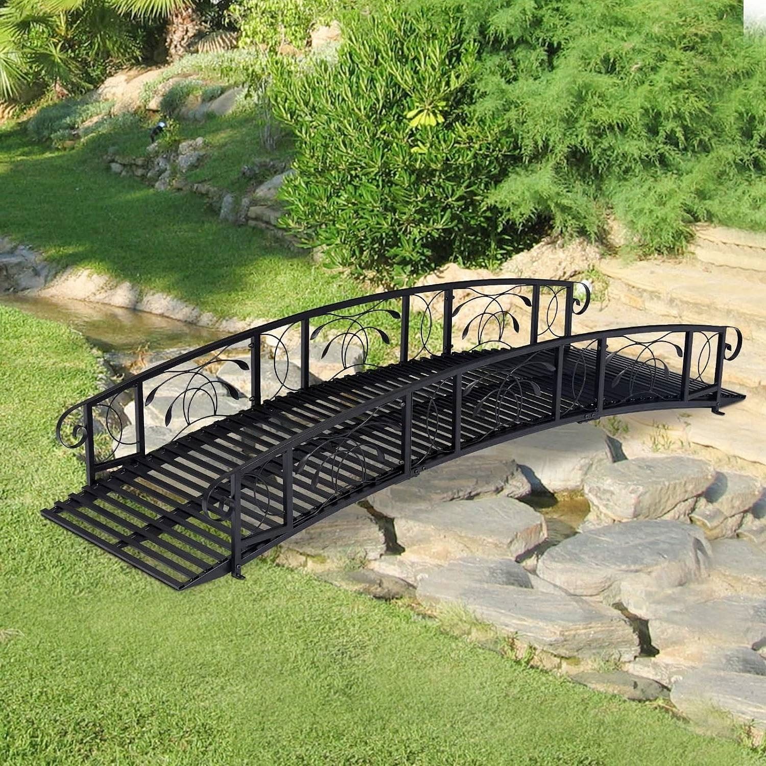 Outdoor 8-Ft Heavy Duty Black Metal Arch Garden Bridge with Side Rails - Free Shipping