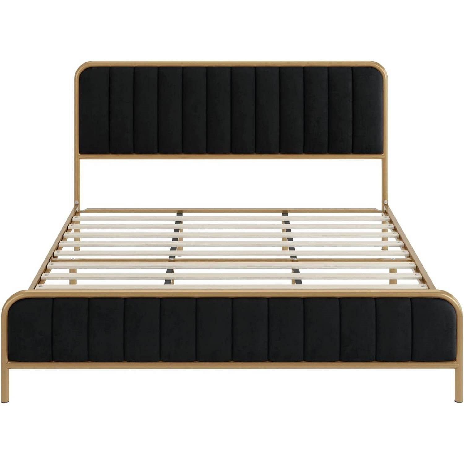 King Gold Metal Platform Bed Frame with Black Velvet Upholstered Headboard - Free Shipping