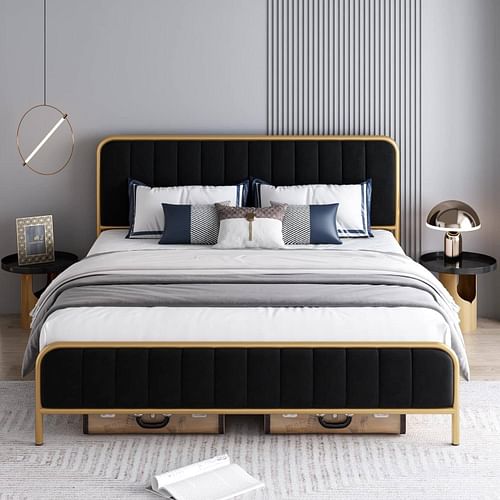 King Gold Metal Platform Bed Frame with Black Velvet Upholstered Headboard - Free Shipping