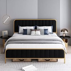 King Gold Metal Platform Bed Frame with Black Velvet Upholstered Headboard - Free Shipping