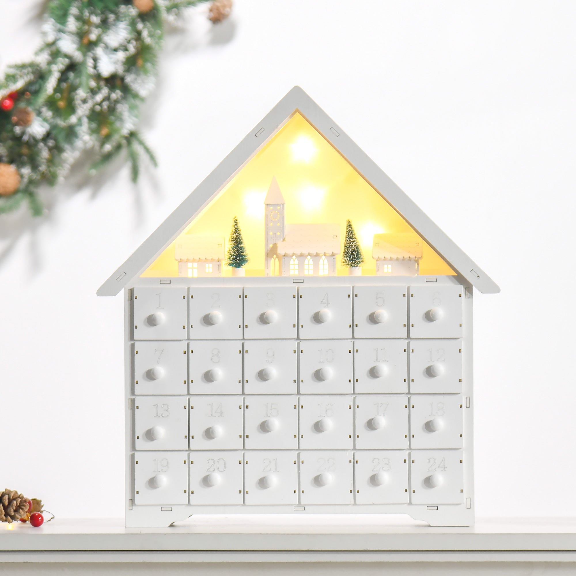 HOMCOM Light-Up Christmas Advent Calendar, Wooden Xmas House, Holiday Countdown with Drawer, Village Theme, White