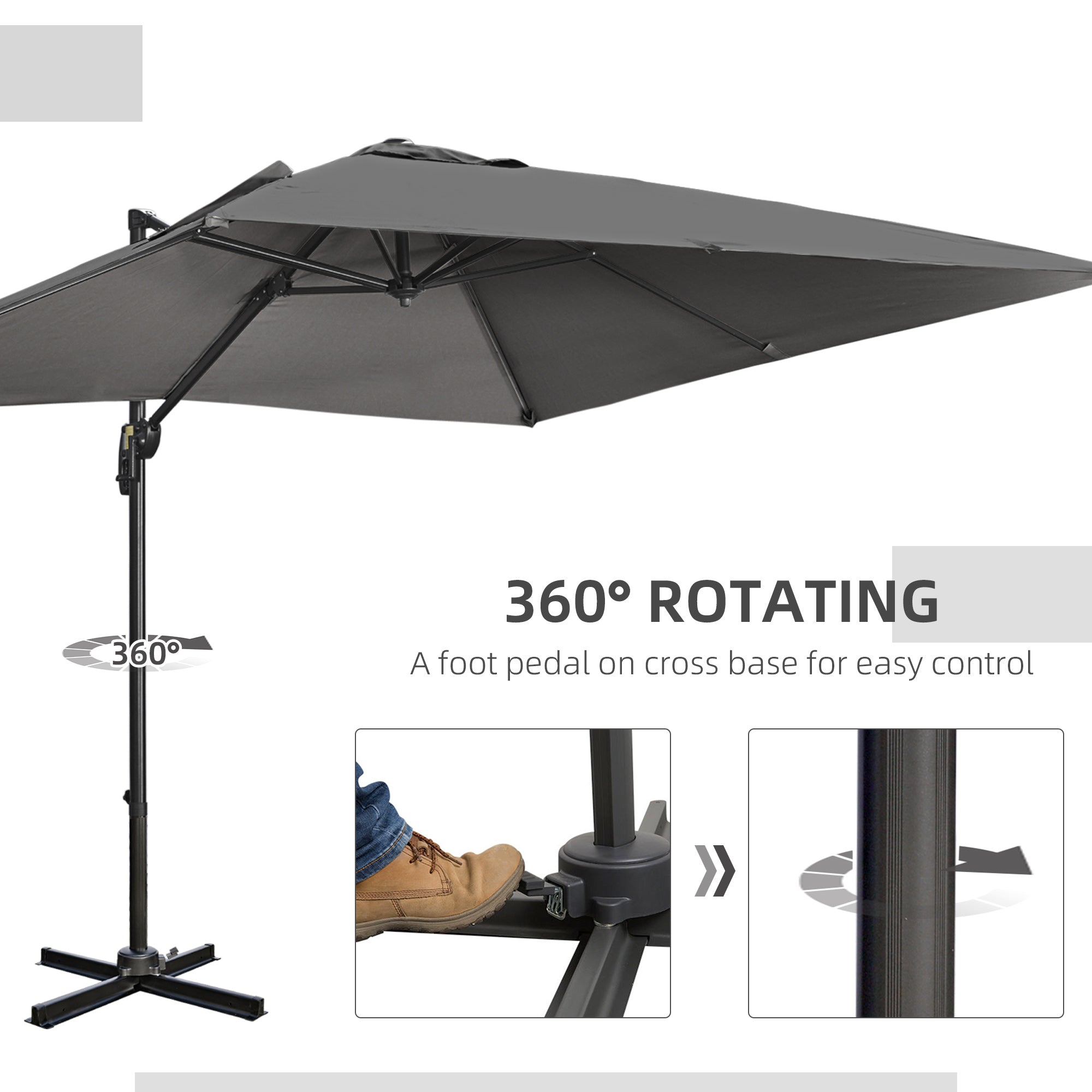 Outsunny 105" x 105" x 98" Cantilever Patio Umbrella with Cross Base, Crank Handle, Tilt, 360° Rotation and Aluminum Frame, Dark Grey