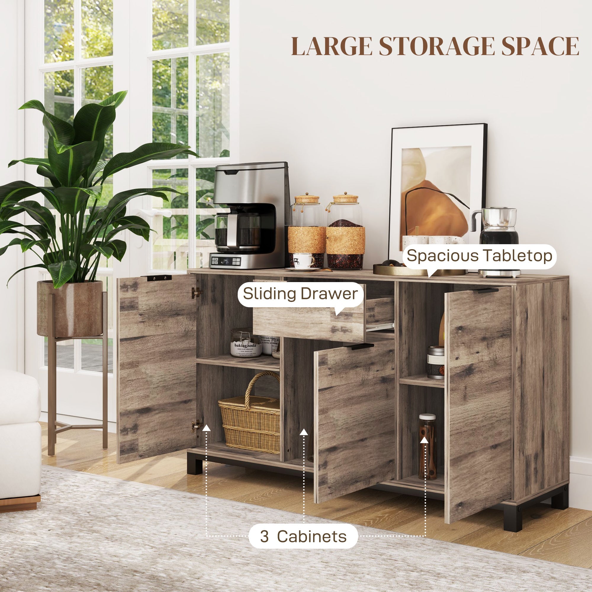 HOMCOM 47" Buffet Cabinet, Industrial Sideboard with 3 Doors, Drawer, 2 Adjustable Shelves for Living Room, Brown Wood Grain