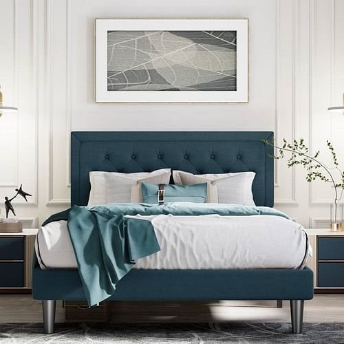 King Adjustable Height Platform Bed Frame with Blue Upholstered Headboard - Free Shipping