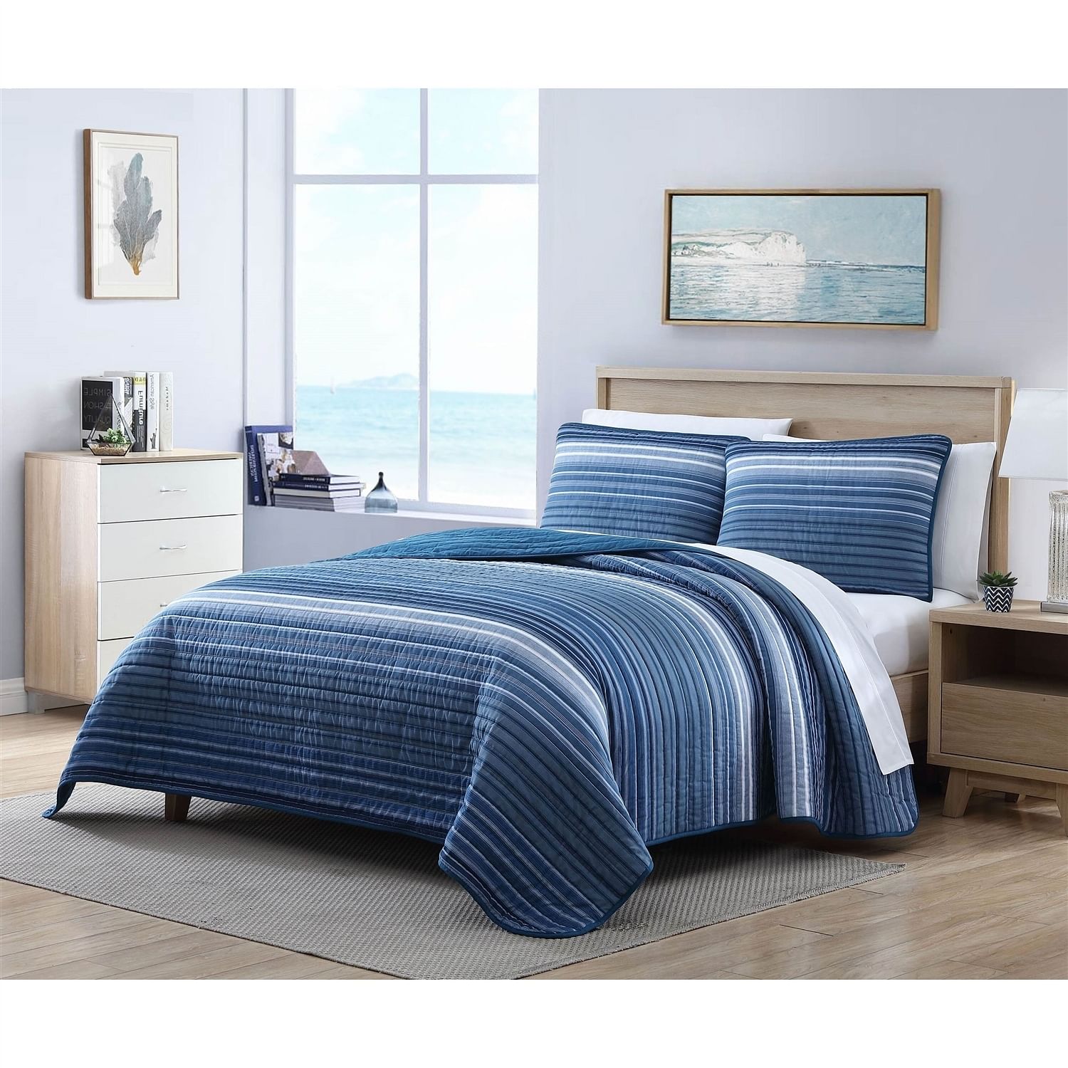 King Size Coastal Blue Stripe Reversible Cotton Quilt Set - Free Shipping