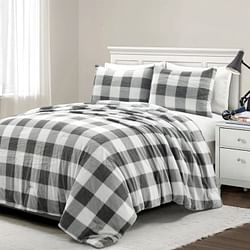 King Size Plaid Soft Faux Fur Comforter Set in Black White Grey - Free Shipping
