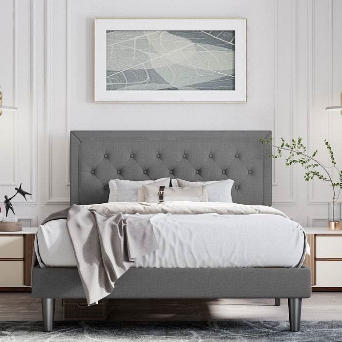 King Size Dark Grey Linen Upholstered Platform Bed with Button-Tufted Headboard - Free Shipping