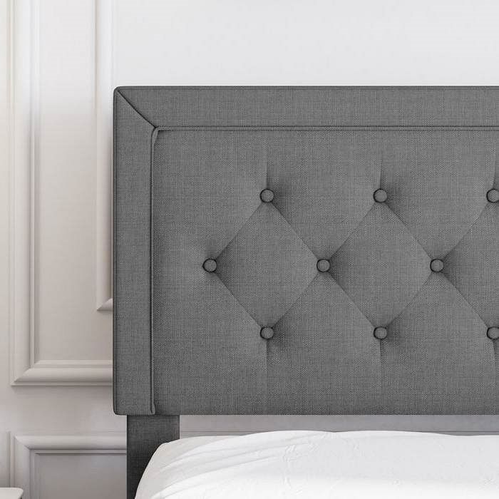 King Size Dark Grey Linen Upholstered Platform Bed with Button-Tufted Headboard - Free Shipping