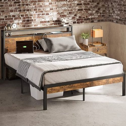 King Size Industrial Platform Bed Frame with Storage Headboard and Power Outlets - Free Shipping