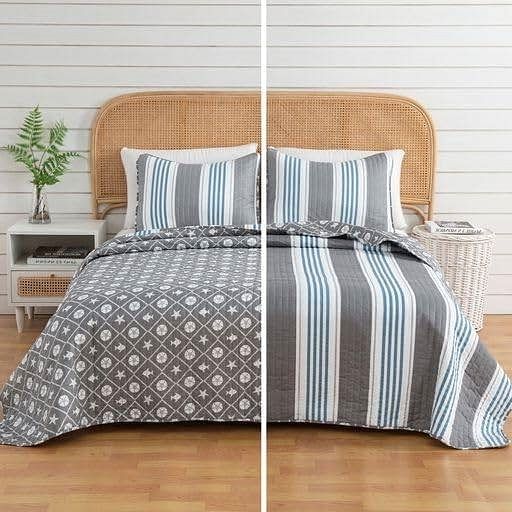 King 3 Piece Coastal Starfish Sand Dollar Grey Blue White Nautical Quilt Set - Free Shipping