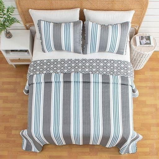 King 3 Piece Coastal Starfish Sand Dollar Grey Blue White Nautical Quilt Set - Free Shipping