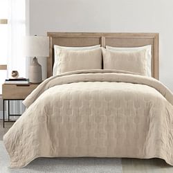 King/California King size Lightweight Beige Textured Cotton 3 Piece Quilt Set - Free Shipping