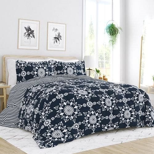 King size 3-Piece Navy Blue White Reversible Floral Striped Comforter Set - Free Shipping