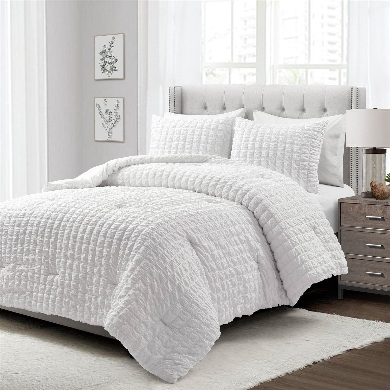 King Size Crinkled Textured 3 Piece Comforter Set White - Free Shipping
