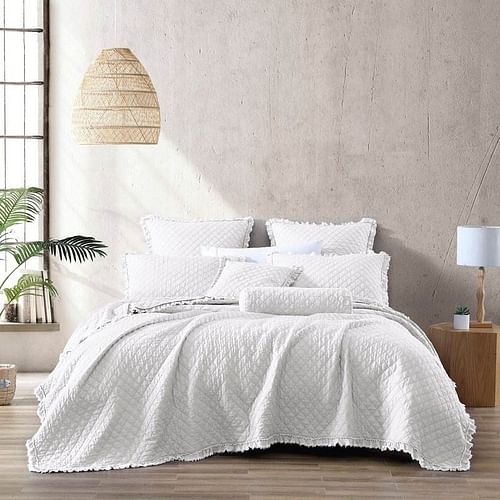 King White Farmhouse Microfiber Diamond Quilted Bedspread Set with Frayed Edges - Free Shipping