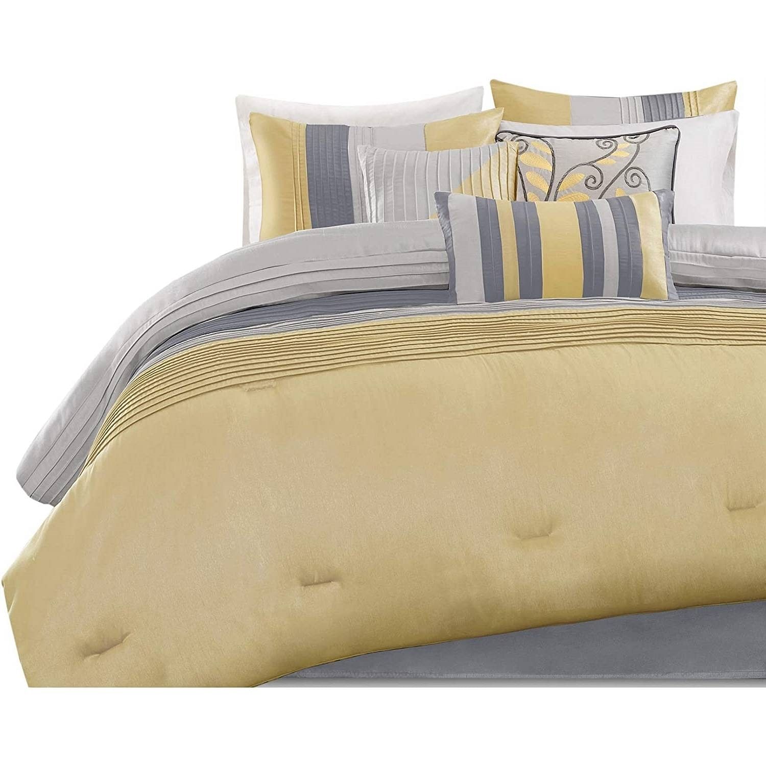 King Size 7 Piece Bed In A Bag Comforter Set Faux Silk Yellow Gray Stripes - Free Shipping