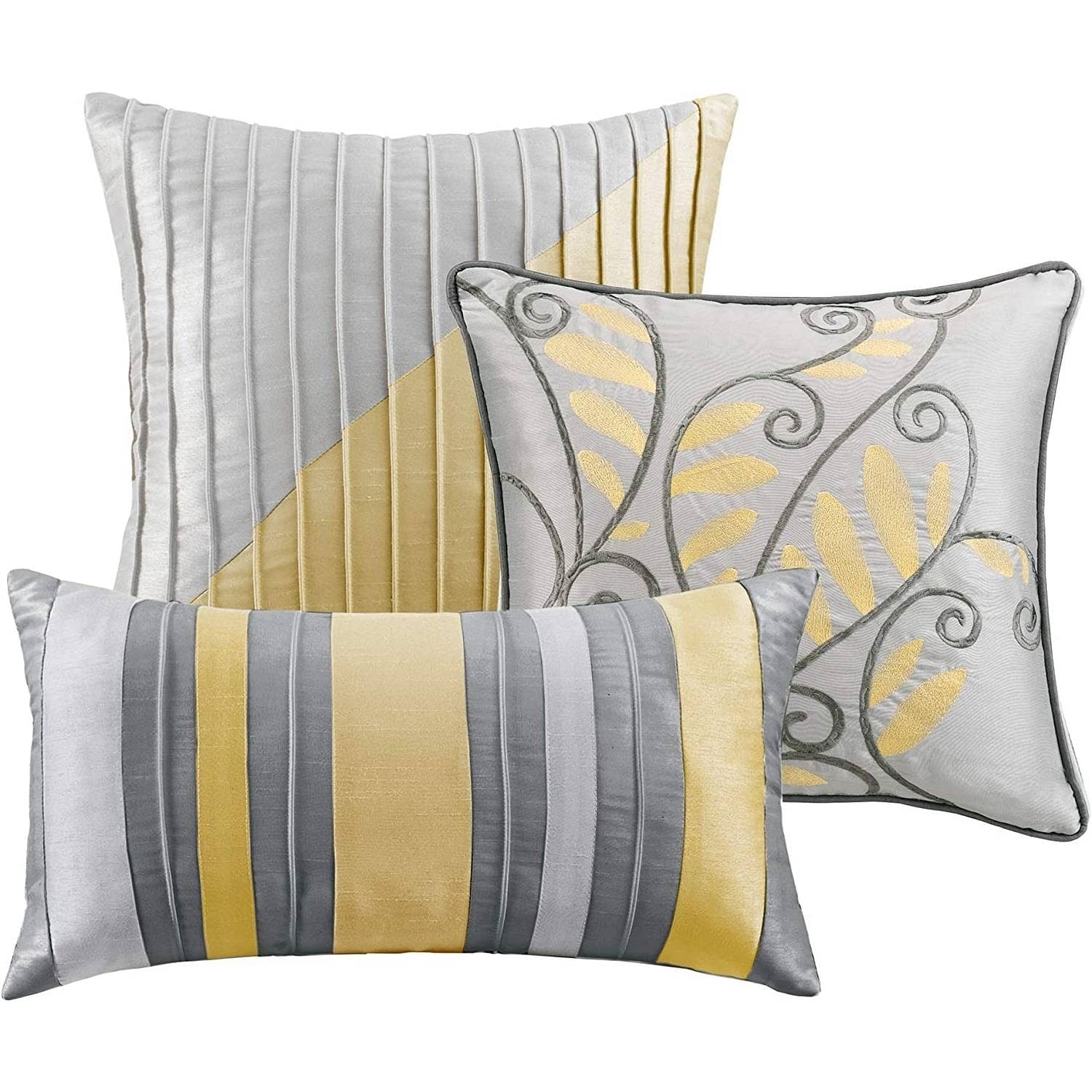 King Size 7 Piece Bed In A Bag Comforter Set Faux Silk Yellow Gray Stripes - Free Shipping