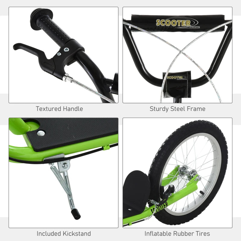 Aosom Kids Kick Scooter for 5+ Year Old, Kids Ride on Toy w/ 16'' Inflatable Wheel Dual Brakes, Green
