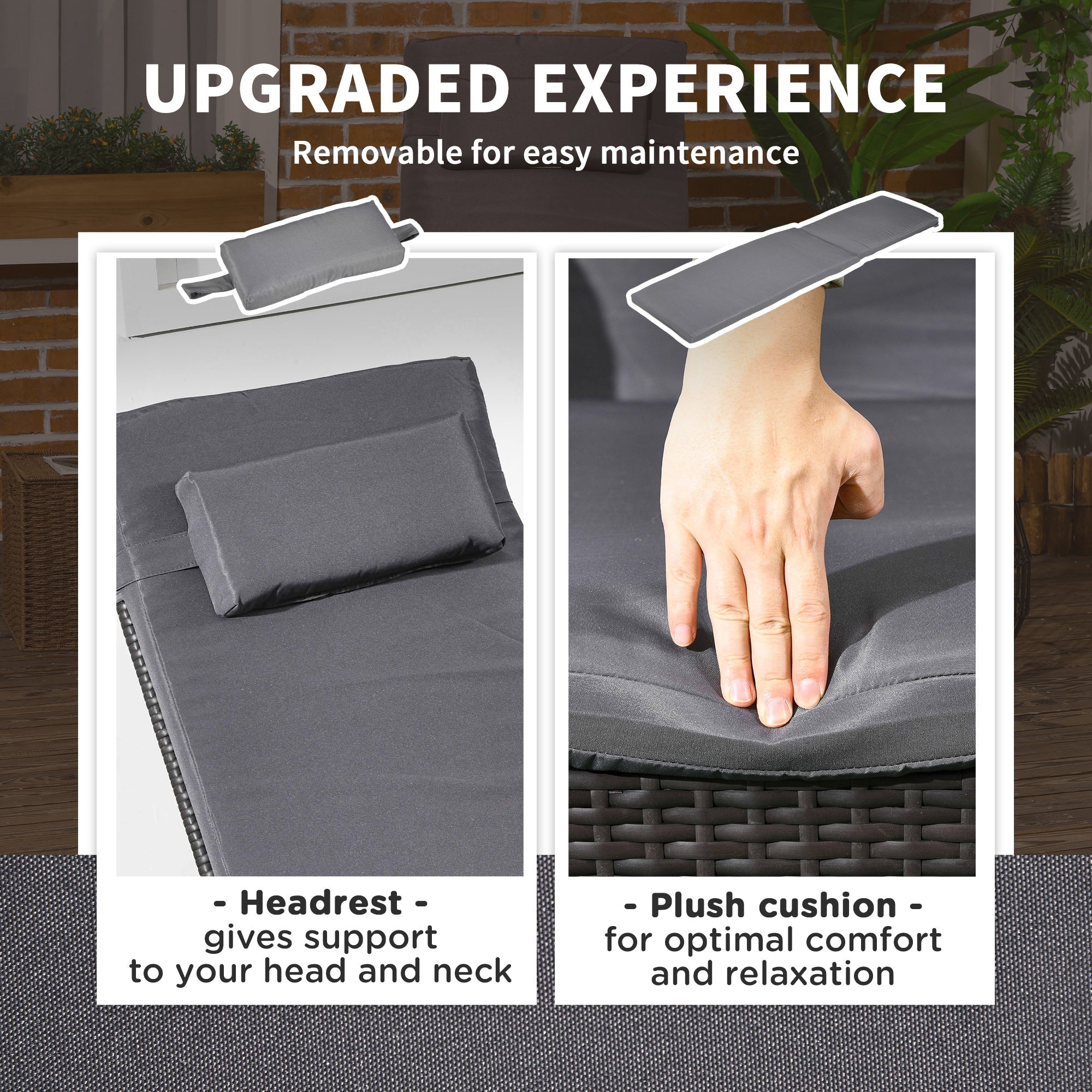 Outsunny Outdoor Lounger Deck Lounge Chair Headrest 5-Level Adjustable Backrest Wheels Deep Coffee Light Grey