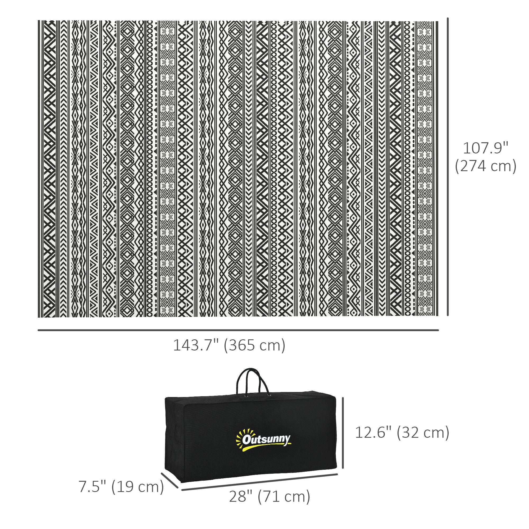 Outsunny 9'x12' Reversible Outdoor Plastic Straw RV Mat Rug with Carry Bag Grey Cream White Boho