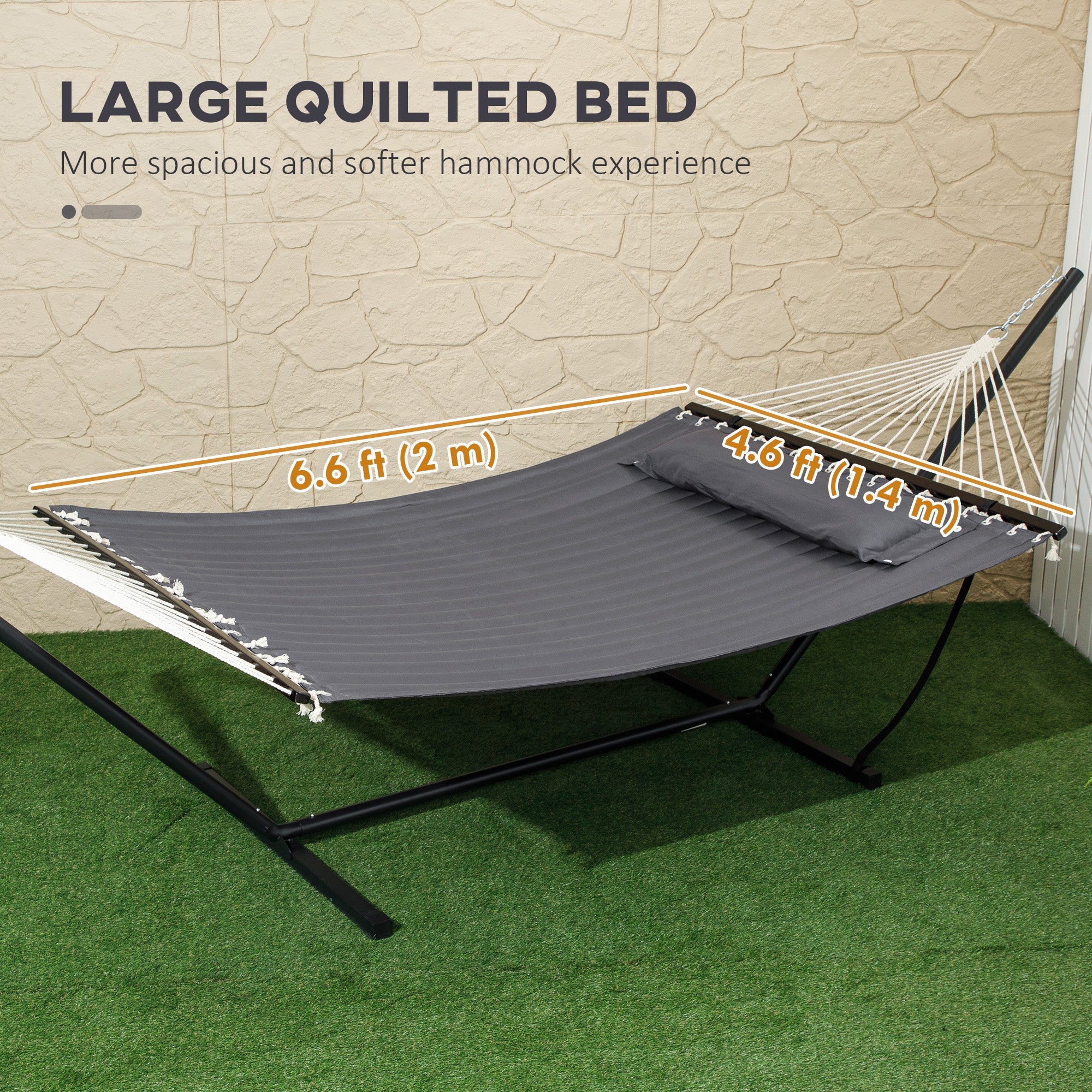 Outsunny 2 Person Hammock Quilted Double Hammock with Stand Pillow Spreader Bars for Outdoor Camping Beach, Dark Grey