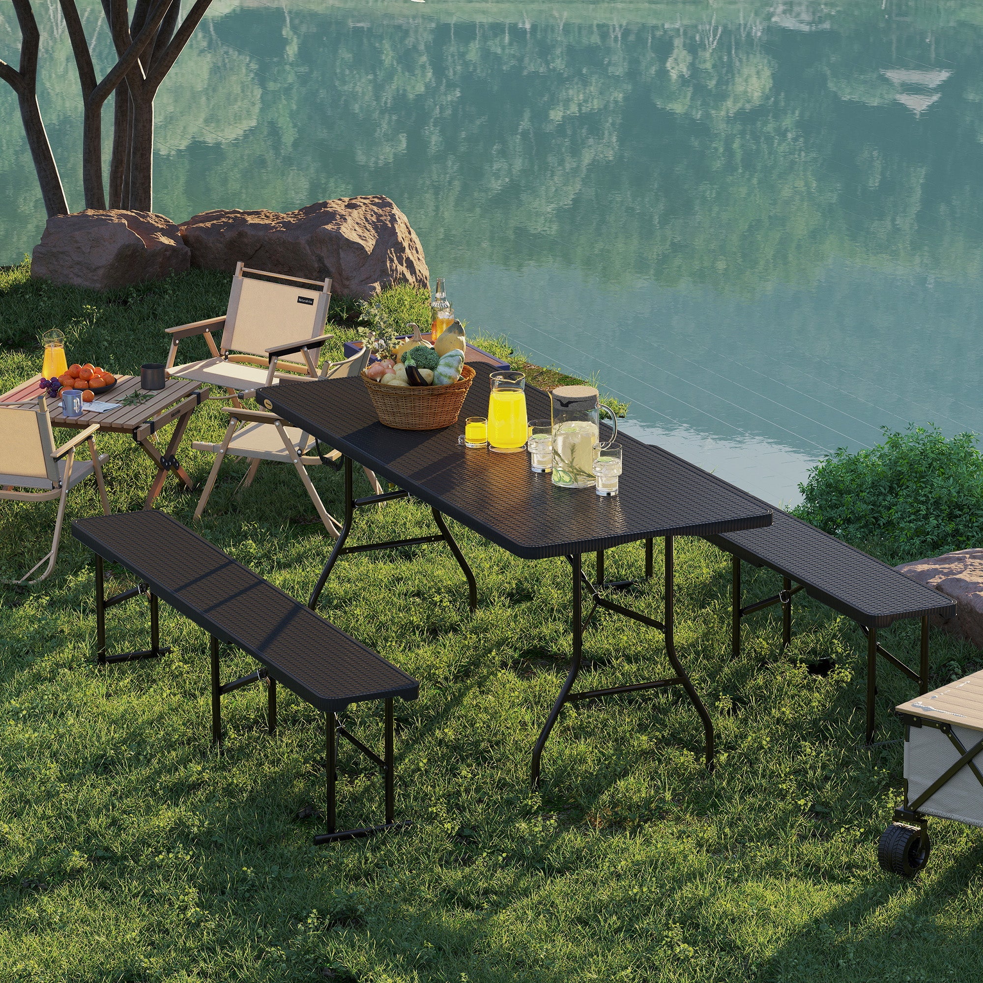 Outsunny 6FT 3PCS Faux Rattan Outdoor Camping Table Bench Set with Carrying Handles, Folding Picnic Table with 2 Benches, Black