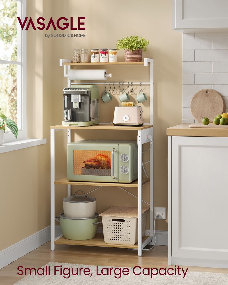VASAGLE 4-Tier Kitchen Baker's Rack with Power Outlet, 8 S-Hooks & Paper Towel Holder