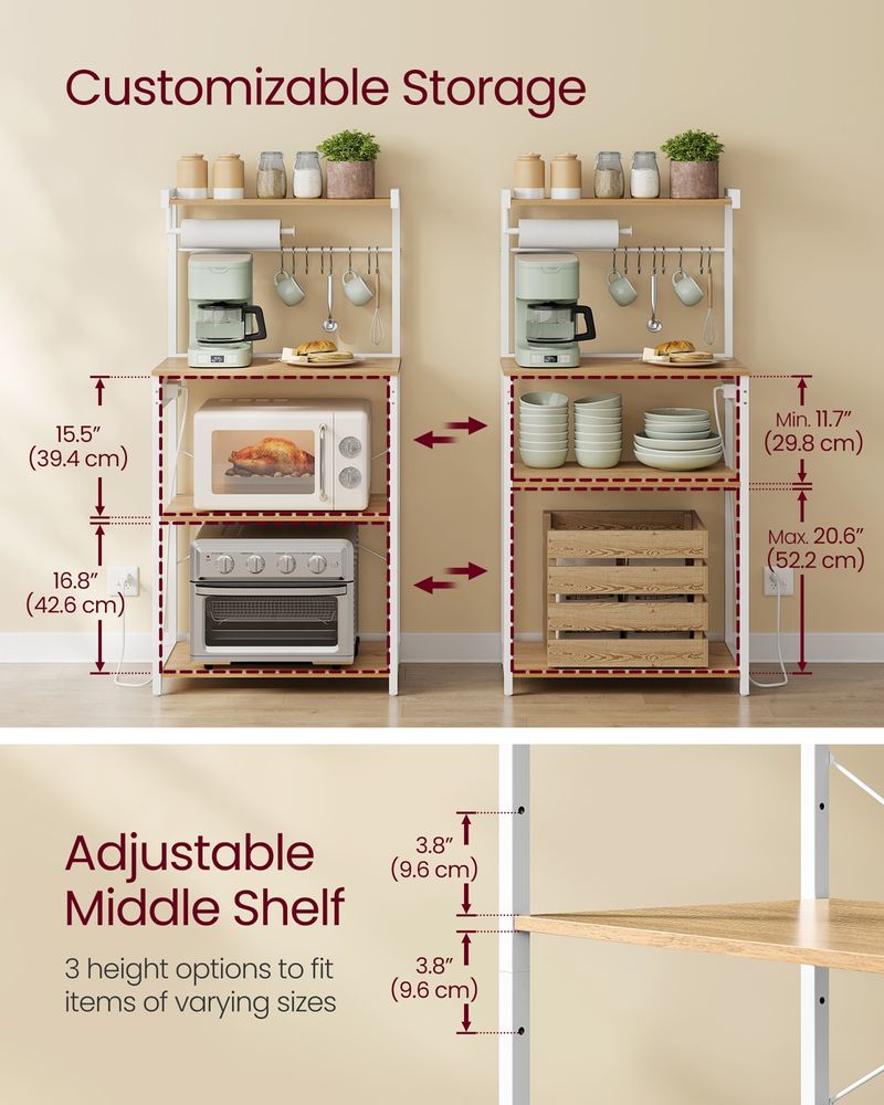 VASAGLE 4-Tier Kitchen Baker's Rack with Power Outlet, 8 S-Hooks & Paper Towel Holder