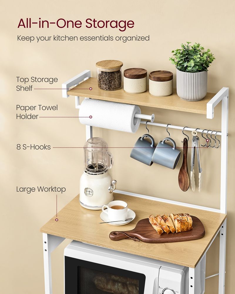 VASAGLE 4-Tier Kitchen Baker's Rack with Power Outlet, 8 S-Hooks & Paper Towel Holder