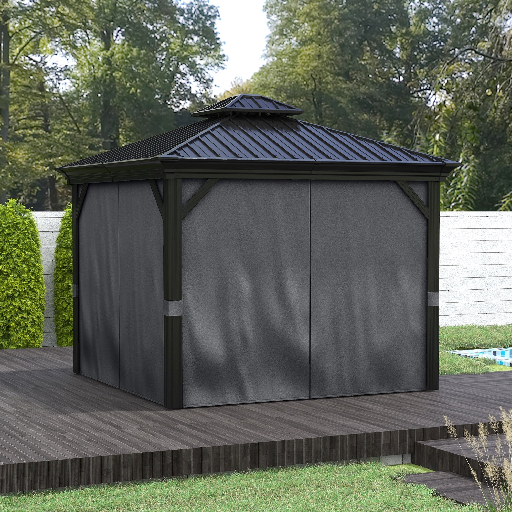Outsunny 10' x 12' Outdoor Hardtop Gazebo with Galvanized Canopy & Netting Sidewalls for Lawn, Backyard, Dark Grey