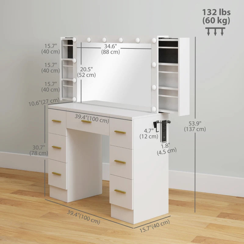 Makeup Vanity Table with Lights, Dressing Table with 7 Drawers, 6 Hidden Sliding Storage Compartments, White