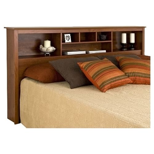 King size Bookcase Headboard Book Shelf in Dark Cherry Wood Finish - Free Shipping