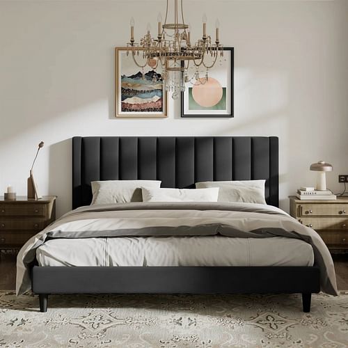 King size Modern Black Velvet Upholstered Platform Bed with Headboard - Free Shipping