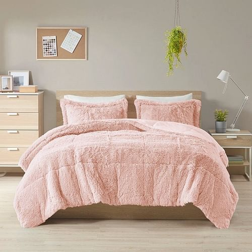 King/CAL King Pink Blush Soft Sherpa Faux Fur 3-Piece Comforter Set with Shams - Free Shipping