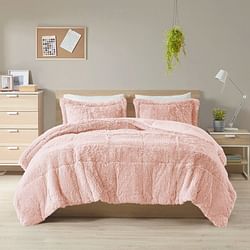 King/CAL King Pink Blush Soft Sherpa Faux Fur 3-Piece Comforter Set with Shams - Free Shipping