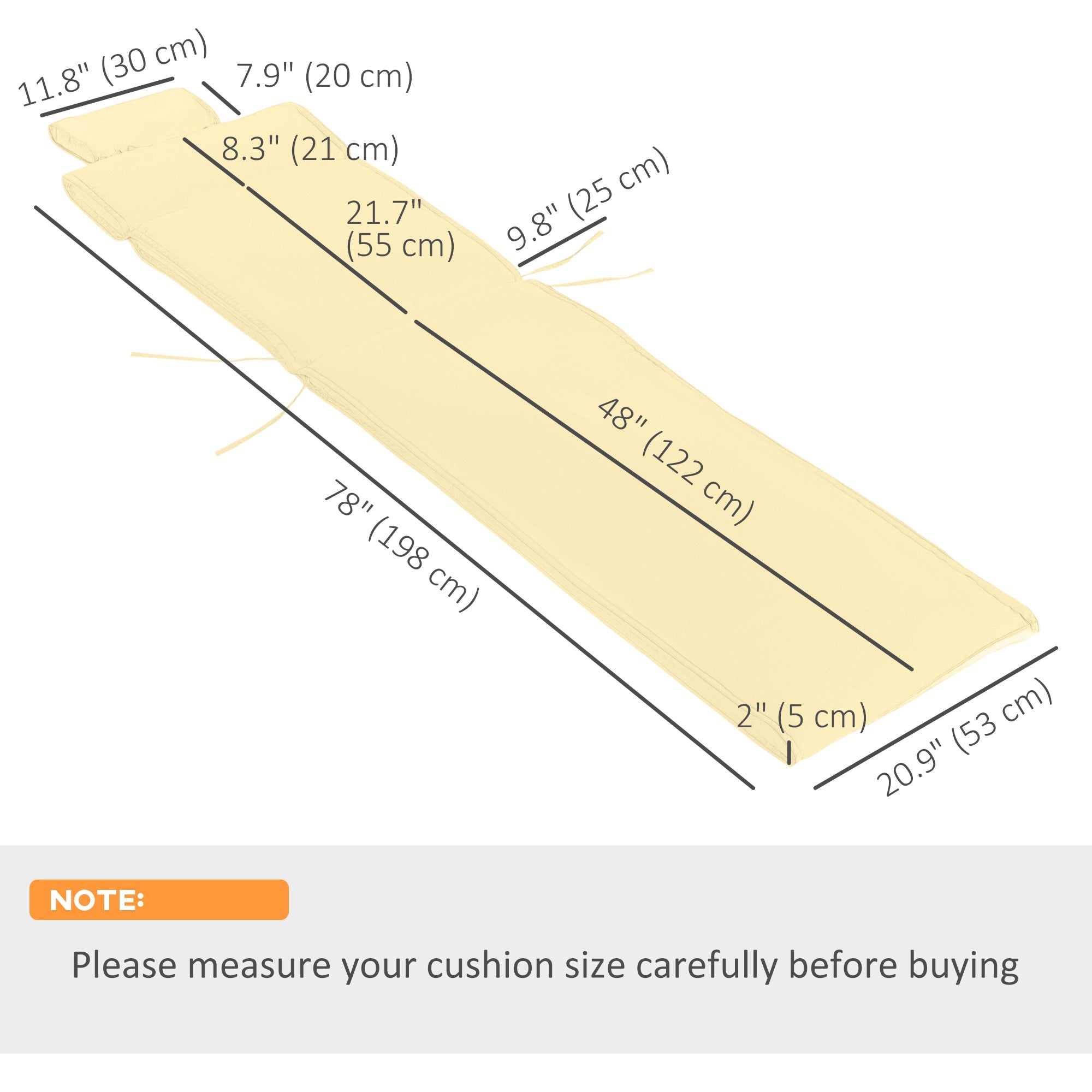 Outsunny Lounger Chair Cushion with Thick Padded, Headrest, Cream White