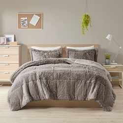 King/CAL King Grey Soft Sherpa Faux Fur 3-Piece Comforter Set with Pillow Shams - Free Shipping
