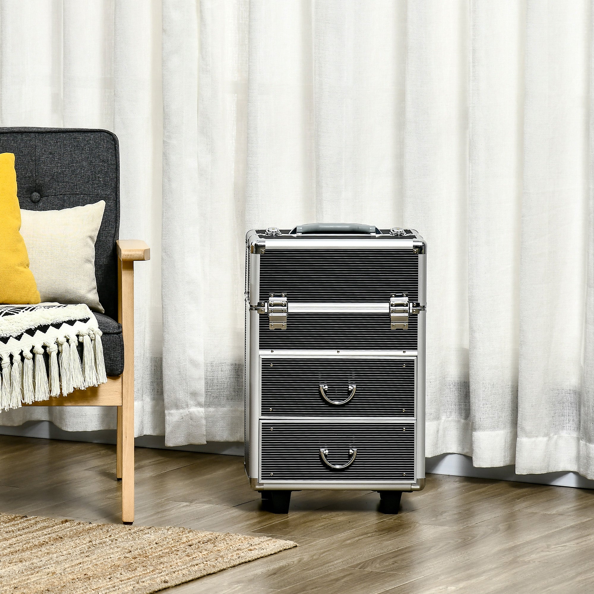 HOMCOM Large Cosmetic Trolley Rolling Makeup Train Case Storage Lockable Cart Black with Folding Trays Swivel Wheels