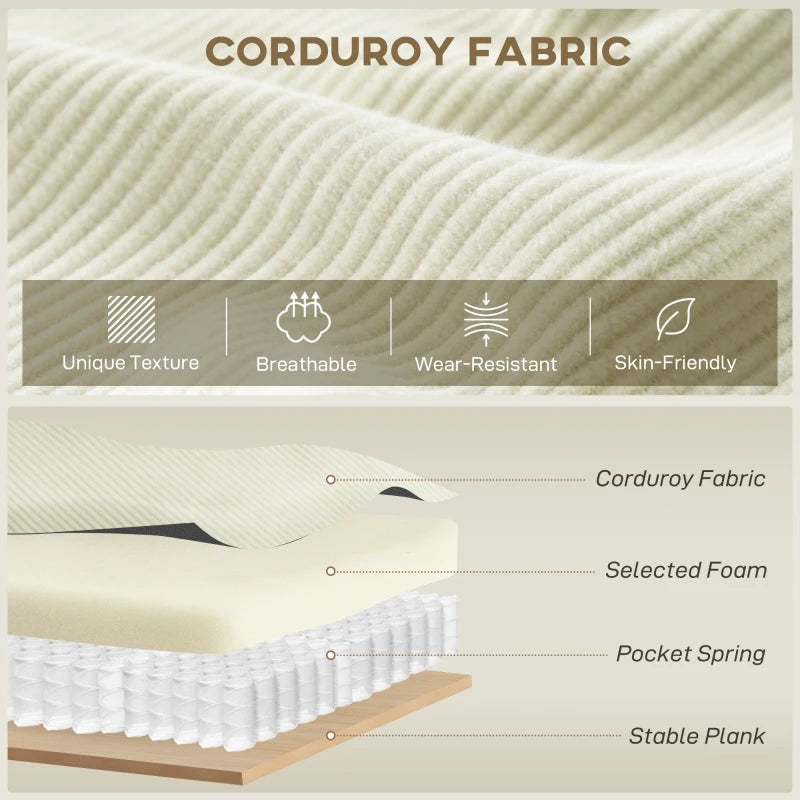 Corner Sofa with Changeable Chaise, Corduroy L-Shaped Sectional Sofa with Pocket Spring, 2 Pillows, Cream White