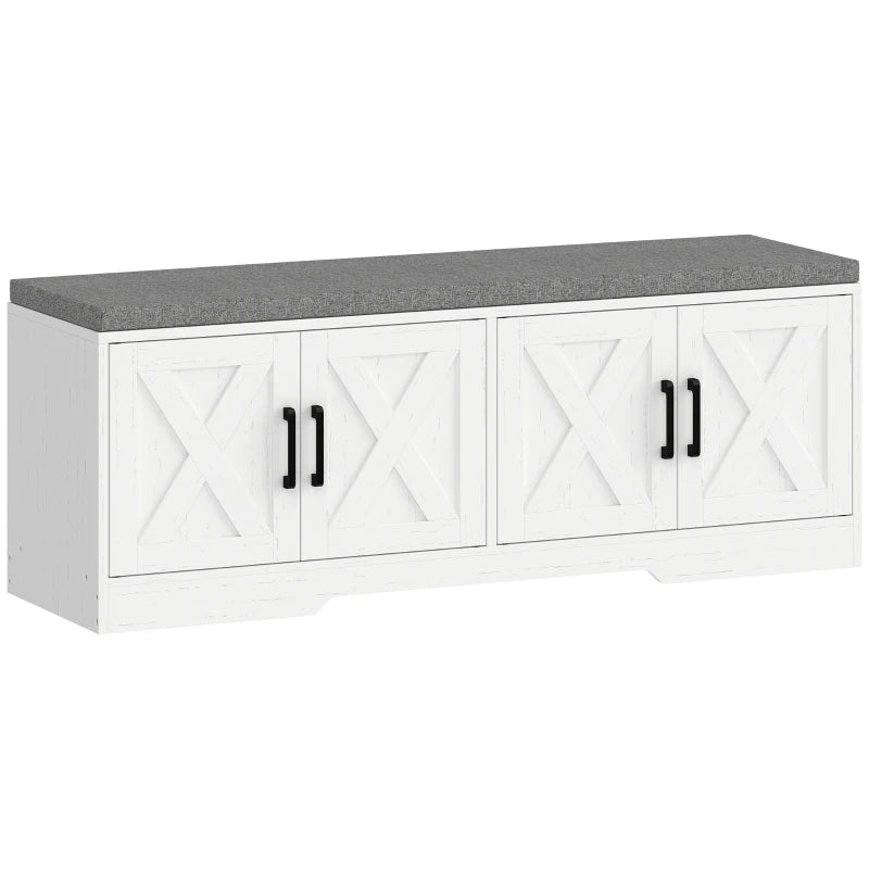 HOMCOM Farmhouse Shoe Storage Bench with Cushion, Entryway Bench with Adjustable Shelves & Cabinet Doors, White