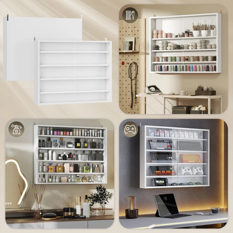 5-Tier Display Cabinet, Shot Glass Display Case, Glass Curio Cabinet with 2 Glass Doors and 4 Adjustable Shelves, White