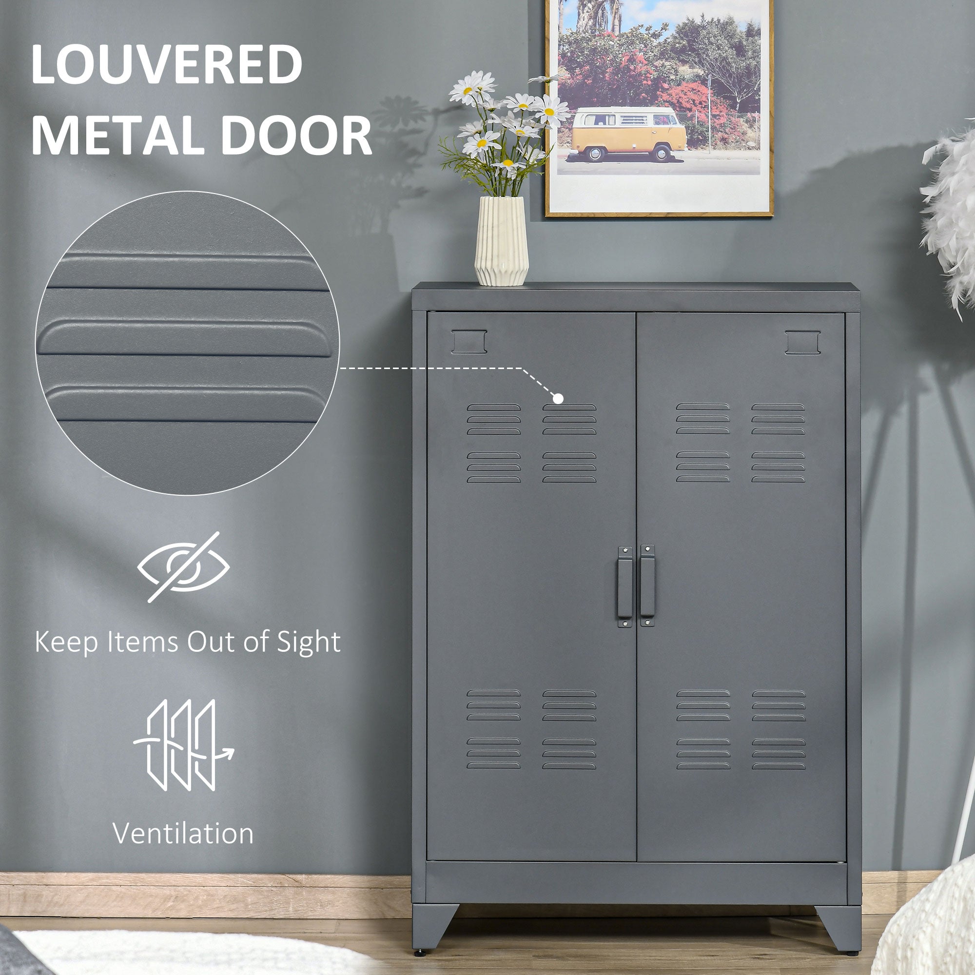 HOMCOM Industrial Chic: Metal Storage Cabinet Grey Sideboard with Louvered Doors, Adjustable Shelves for Versatile Storage