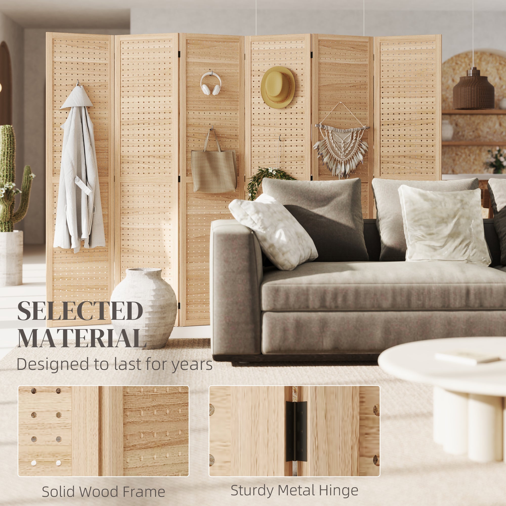 HOMCOM 5.6 Ft. Tall 6-Panel Room Divider, Pegboard Panel Freestanding Folding Privacy Screen Panels, Partition Wall Divider for Indoor Bedroom Office, Natural