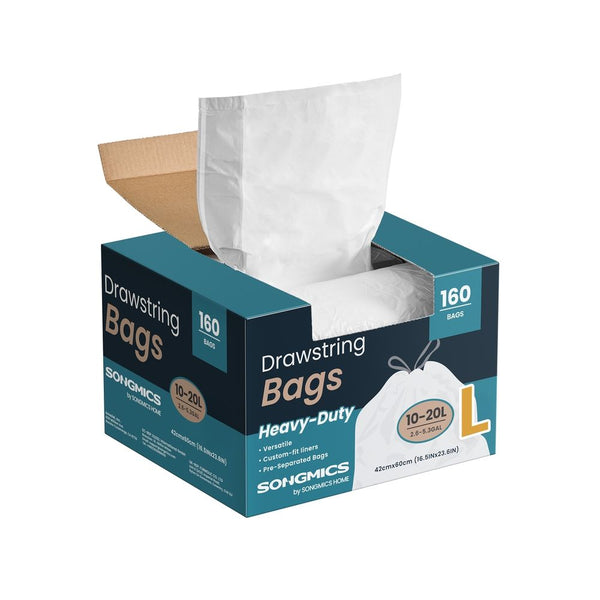 SONGMICS Drawstring Trash Bags, 5.3 Gallon (20 L), 160 Count, Heavy-Duty White Garbage Bags