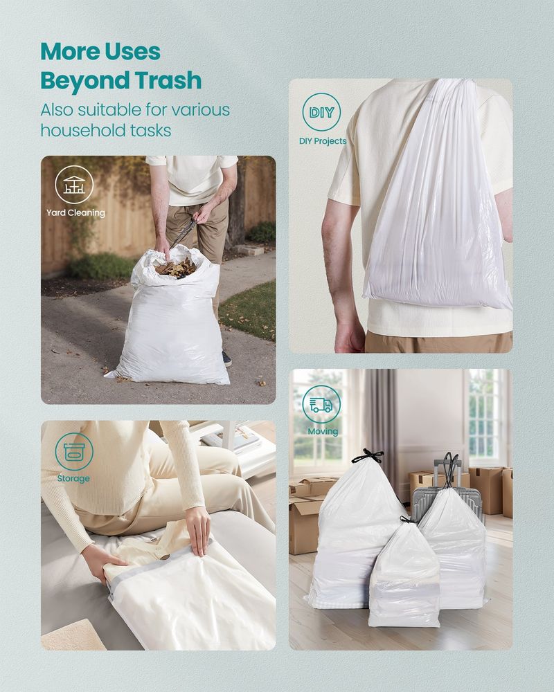 SONGMICS Drawstring Trash Bags, 5.3 Gallon (20 L), 160 Count, Heavy-Duty White Garbage Bags