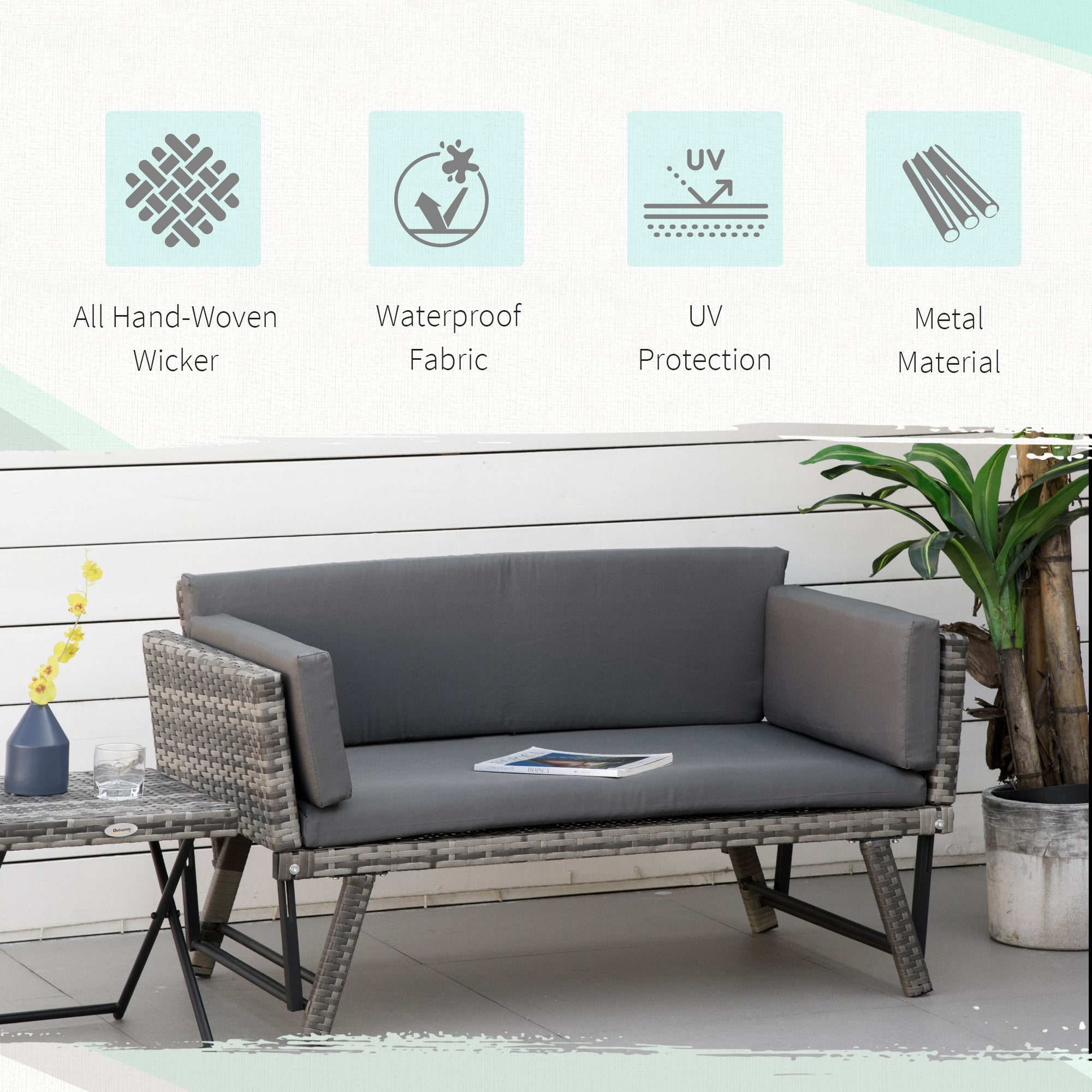Outsunny Convertible Rattan Sofa Bed Chaise Lounge Wicker Loveseat Armchair Double Seat with Cushion All Weather Patio Furniture Grey