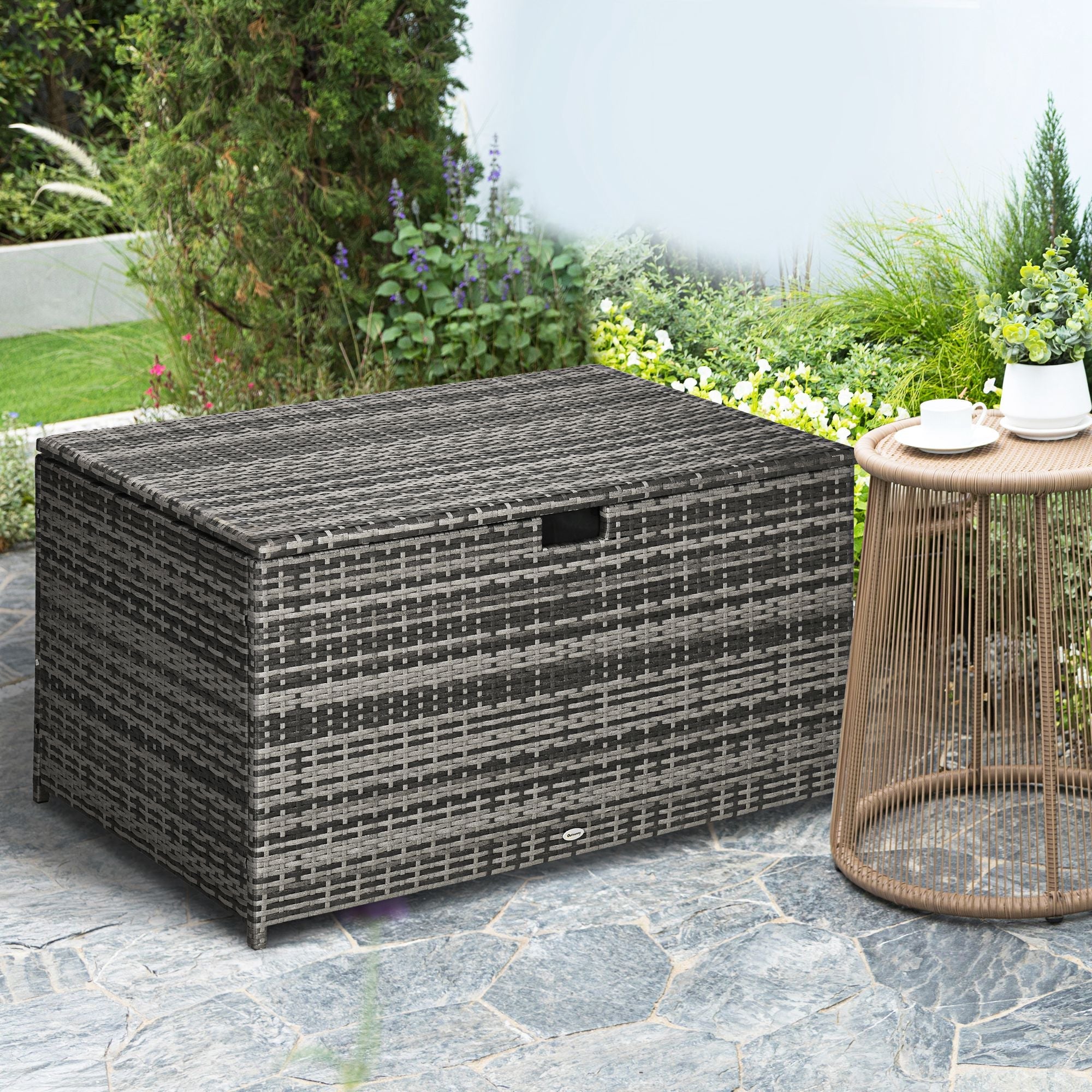 Outsunny 113 Gallon Outdoor Storage Box, Rattan Deck Box for Indoor, Patio Furniture Cushions, Pool Toys, Garden Tools, Grey