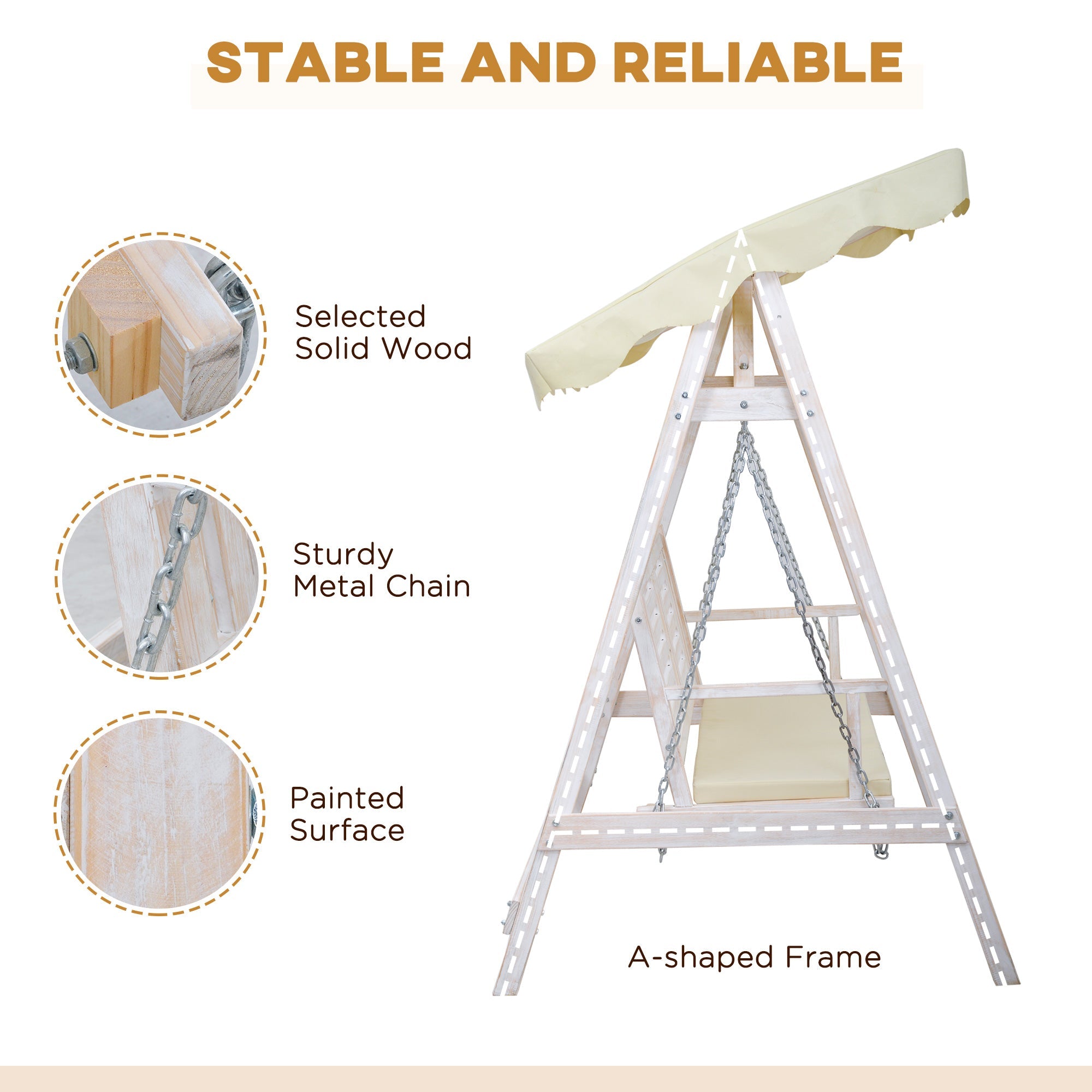 Outsunny Porch Perfection: 2-Seater Swing with Stand, Canopy, Cushion, Outdoor Wooden Swing Chair Bench