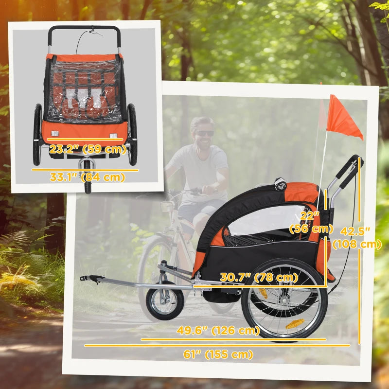 Aosom 2-in-1 Bike Trailer for Kids, Foldable 2-Seat Baby Stroller with 5-Point Harness, Rubber Wheels, Storage Bag, Orange